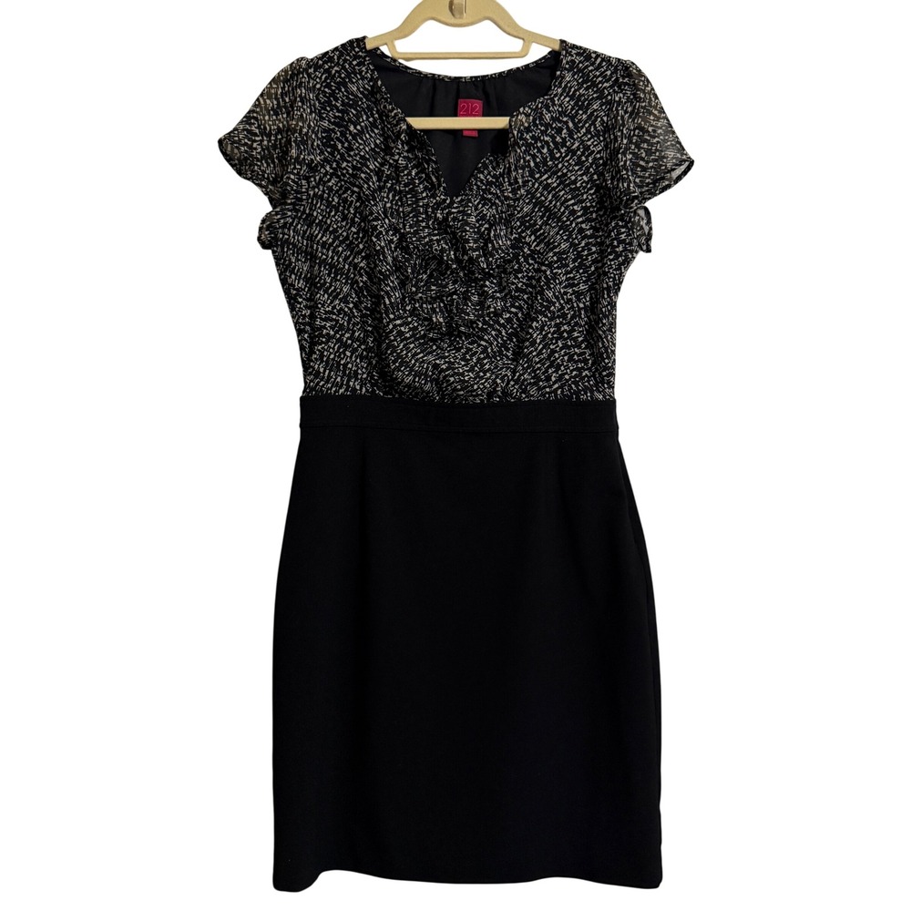 212 Collection Womens Black & White Abstract Print Ruffle V Neck Dress Size 8‎